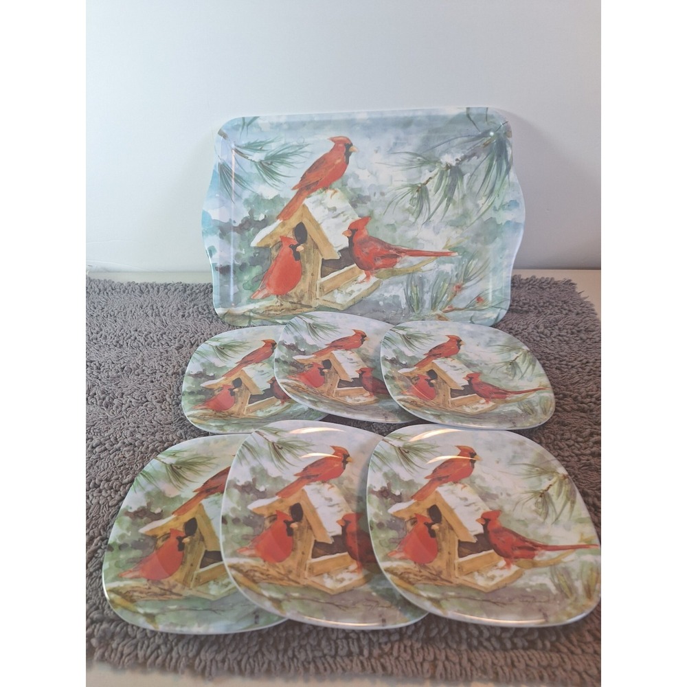 Keller-Charles Philadelphia‎ 1 Tray  6 Plates Cardinals Birdhouse Water Color